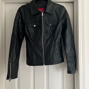 Guess Black Pleather Jacket Fitted Waist-Length